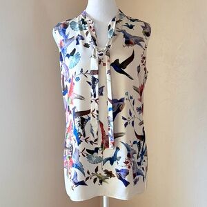 St. John Ivory Multicolor Silk Floral Bird Print Sleeveless Tie Neck Blouse P XS